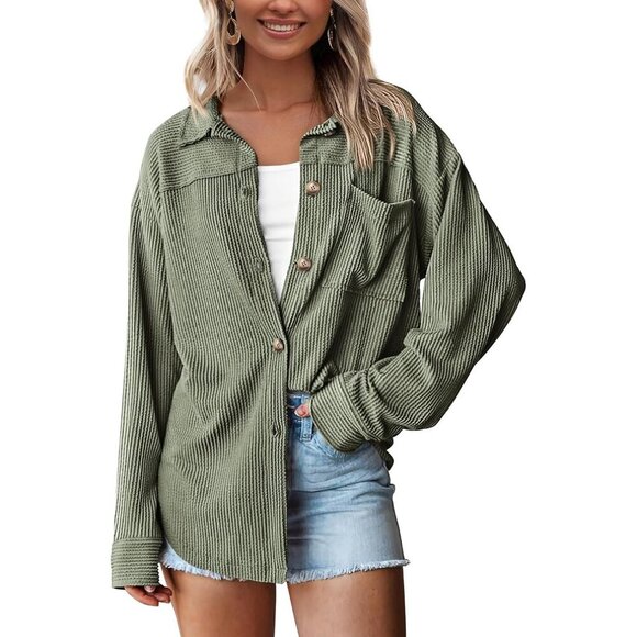 Tops - Women's Oversized Button Down Shacket Shirt Long Sleeve Fall Textured